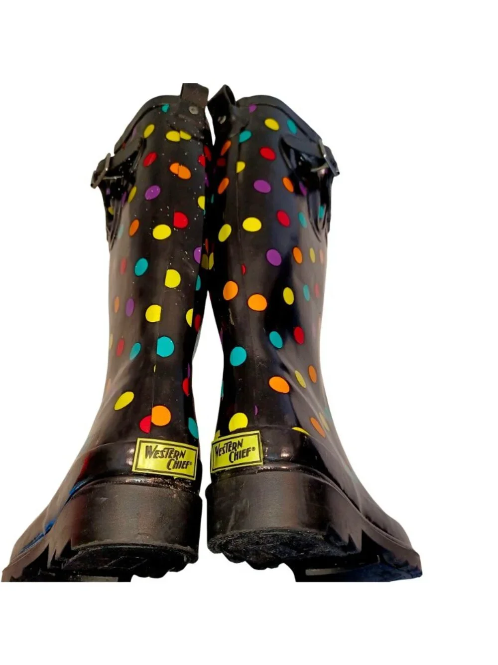 Rain Boots Black Polka Dots Waterproof Rubber Buckle Western Chief Womens Size 6
